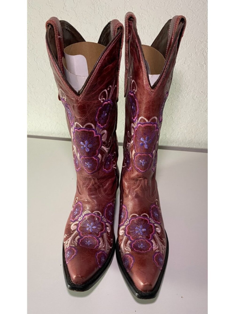 Pecos Belle Hand Made Brown Western Cowboy Boots Size 8.5 - Embroidered Flowers - Picture 3 of 9